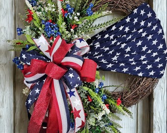 American Flag Wreath, 4th of July Wreath, Patriotic Summer Wreath, Red White Blue Wreath, Memorial Day, 26" x 22", 250th Anniversary