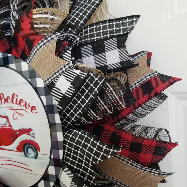 Red Truck Wreath, Deco Mesh Christmas Wreath, Buffalo Plaid Wreath, Farmhouse Christmas Wreath, Holiday Wreath, Country Christmas, Red Truck image 6