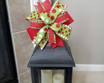 Red and Green Christmas Bow for Wreath, Lantern Bow, Swag Bow, Tree Topper Bow, Door Hanger Bow, Holiday Door Decor, Gift Bow, Bows