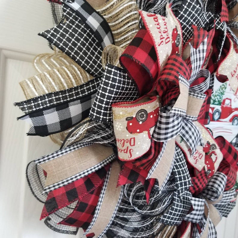 Red Truck Wreath, Deco Mesh Christmas Wreath, Buffalo Plaid Wreath, Farmhouse Christmas Wreath, Holiday Wreath, Country Christmas, Red Truck image 4