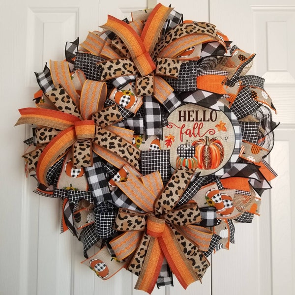 Fall Wreath, Pumpkin Wreath, Autumn Wreath, Fall Wreaths for Front Door, Leopard Wreath, Deco Mesh Wreath, Front Door Wreath, Fall Decor