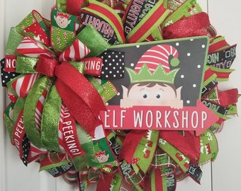 Elf Wreath, Christmas Elf Wreath, Christmas Wreath for Front Door, Holiday Wreath, Deco Mesh Wreath, Whimsical Wreath, Christmas Decor