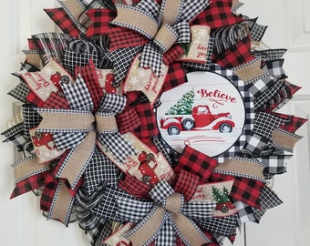 Red Truck Wreath, Deco Mesh Christmas Wreath, Buffalo Plaid Wreath, Farmhouse Christmas Wreath, Holiday Wreath, Country Christmas, Red Truck