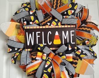 Candy Corn Halloween Wreath, Deco Mesh, Front Door Decor