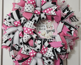 Easter Bunny Mesh Wreath, Pink Black White, Front Door Decor