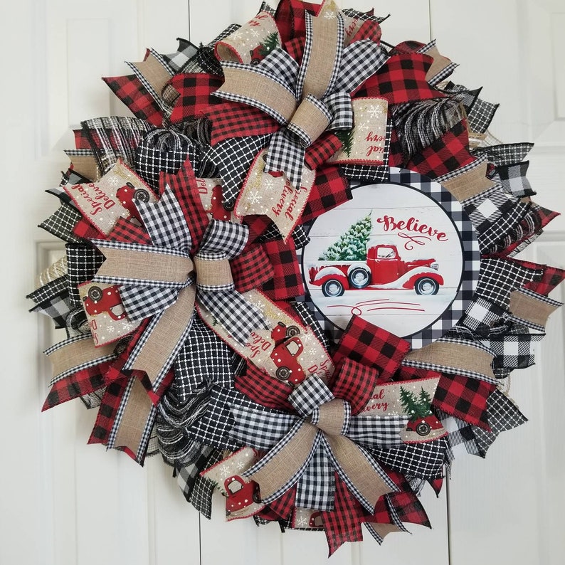 Red Truck Wreath, Deco Mesh Christmas Wreath, Buffalo Plaid Wreath, Farmhouse Christmas Wreath, Holiday Wreath, Country Christmas, Red Truck image 2