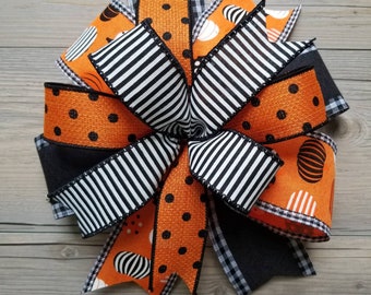 Halloween Wreath Bow, Black and Orange Pumpkin Ribbon, Fall Decor