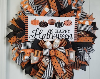 Pumpkin Wreath, Halloween Deco Mesh with Orange and Black Ribbons