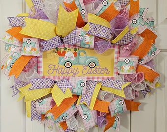 Pastel Easter Bunny Mesh Wreath, Spring Front Door Decor