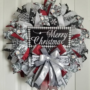 Black & White Christmas Wreath, Deco Mesh Winter Decor, Merry Christmas Sign