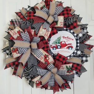 Red Truck Wreath, Deco Mesh Christmas Wreath, Buffalo Plaid Wreath, Farmhouse Christmas Wreath, Holiday Wreath, Country Christmas, Red Truck image 7