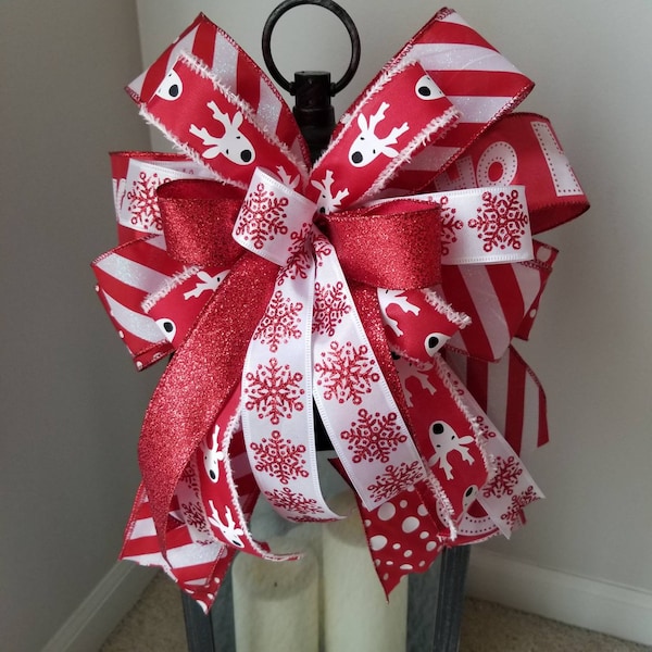 Christmas Tree Bow Topper, Christmas Wreath Bow, Red White Bow, Lantern Bow, Decorative Bow, Door Hanger Bow, Whimsical Decor, Outdoor Bow