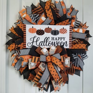 Halloween Wreath, Pumpkin Wreath, Happy Halloween Wreaths, Fall Wreath, Deco Mesh Wreath, Front Door Wreath, Halloween Decor, Orange Black