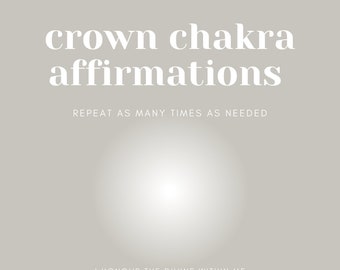 May include: White text on a light gray background with the words "crown chakra affirmations" at the top and a list of affirmations below. The affirmations are: "I honour the divine within me. I am pure, beautiful, radiant light. I am open to letting go of my attachments. I am a spiritual being in a human body. I am always divinely and lovingly guided. I am connected to all. I am more than my ego-self. I release limiting thoughts, beliefs, and relationships that no longer serve me. I am connected to a limitless source of creativity, abundance, happiness, health & love. I am open to new experiences and energy."