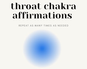 May include: A cream-colored print featuring the words "throat chakra affirmations" in black, with a blue gradient circle. Below, affirmations such as "I speak my truth freely" are listed. The text is in a sans-serif font.