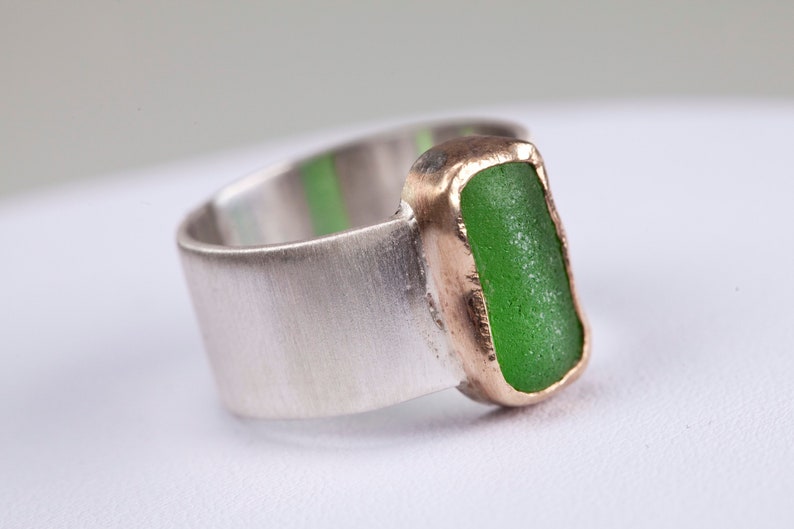 Wide satin Finish Silver and 9ct gold ring Green Cornish sea glass