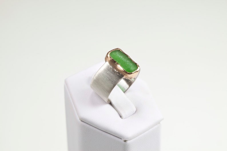 Wide satin Finish Silver and 9ct gold ring Green Cornish sea glass
