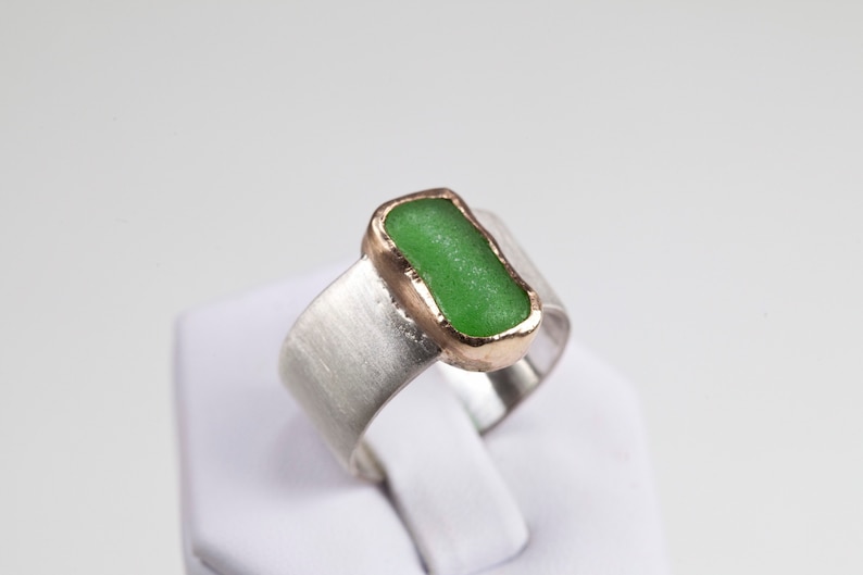 Wide satin Finish Silver and 9ct gold ring Green Cornish sea glass