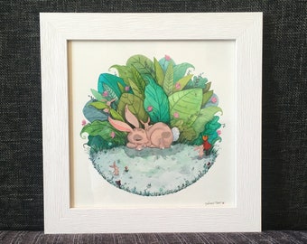 Watercolor illustration Rabbit and the Grove, in white frame
