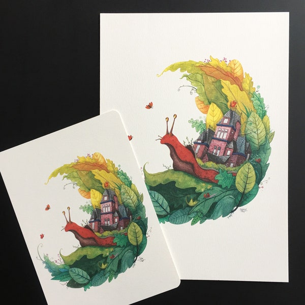 Print Illustration Aquarelle Escargot et sa maison sur feuilles colorées Animaux et Nature  Impression d'art A4