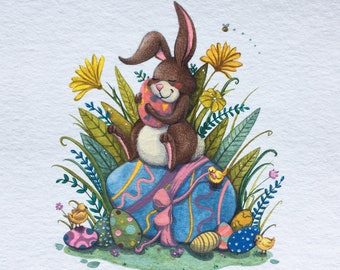 Easter Bunny, Watercolor illustration white frame