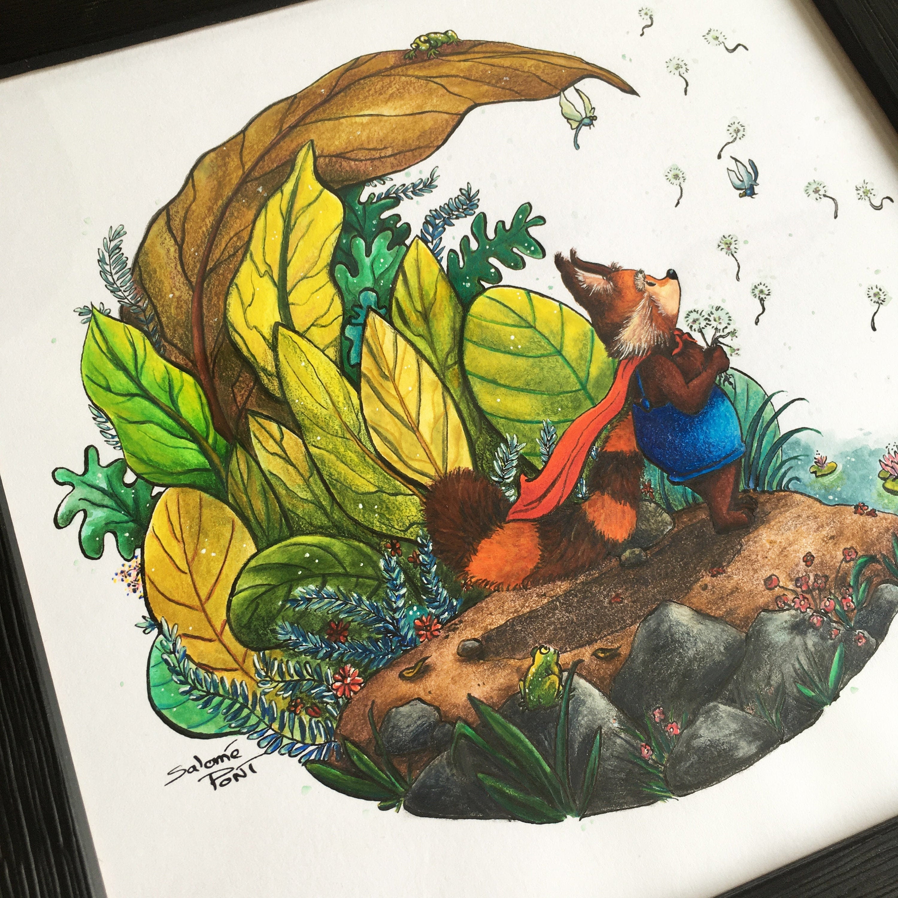 Illustration Aquarelle Onirique Panda Roux Dans Cadre Noir