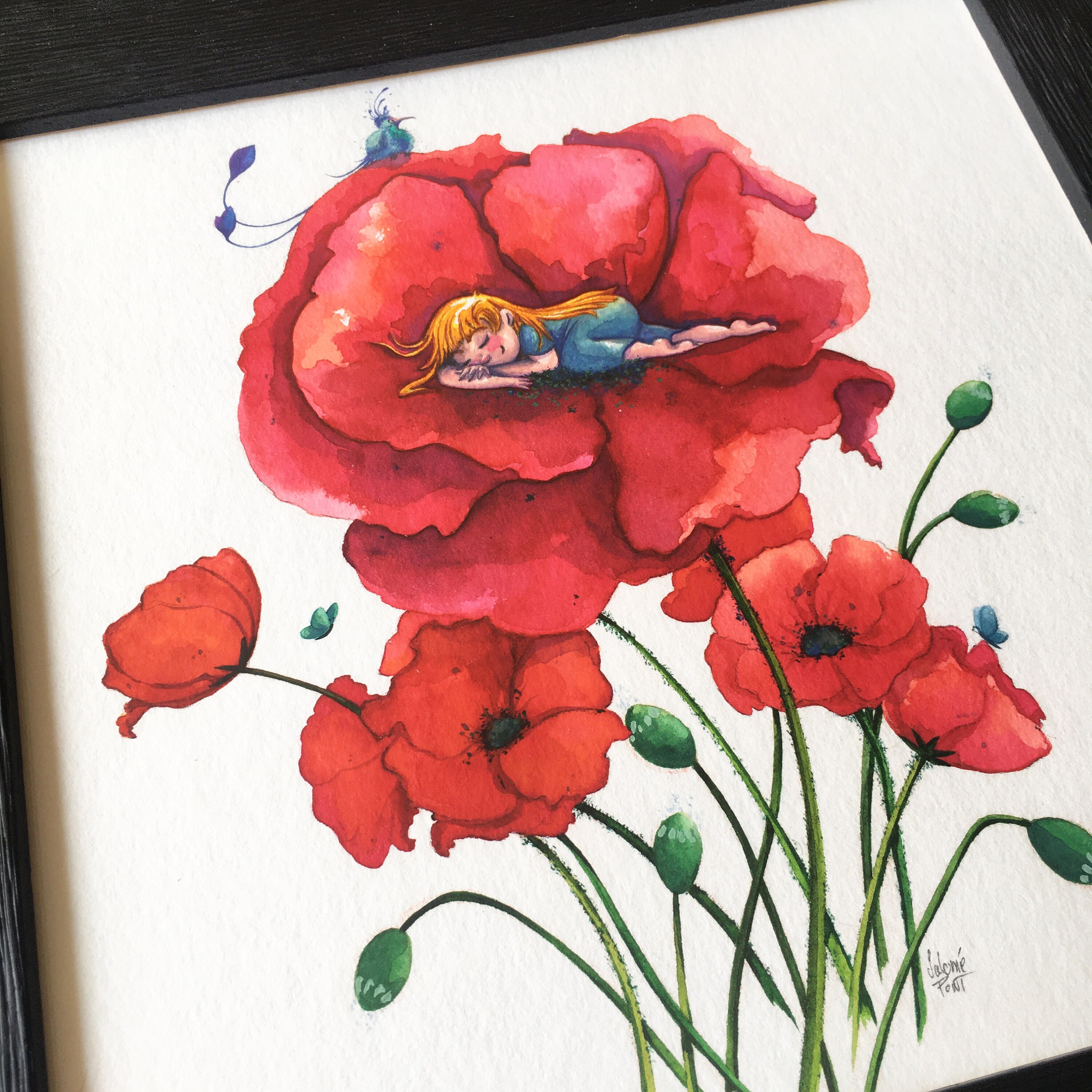 Illustration Originale Aquarelle Petite Fille Poucelina Endormie Dans Un Coquelicot avec Cadre Noir