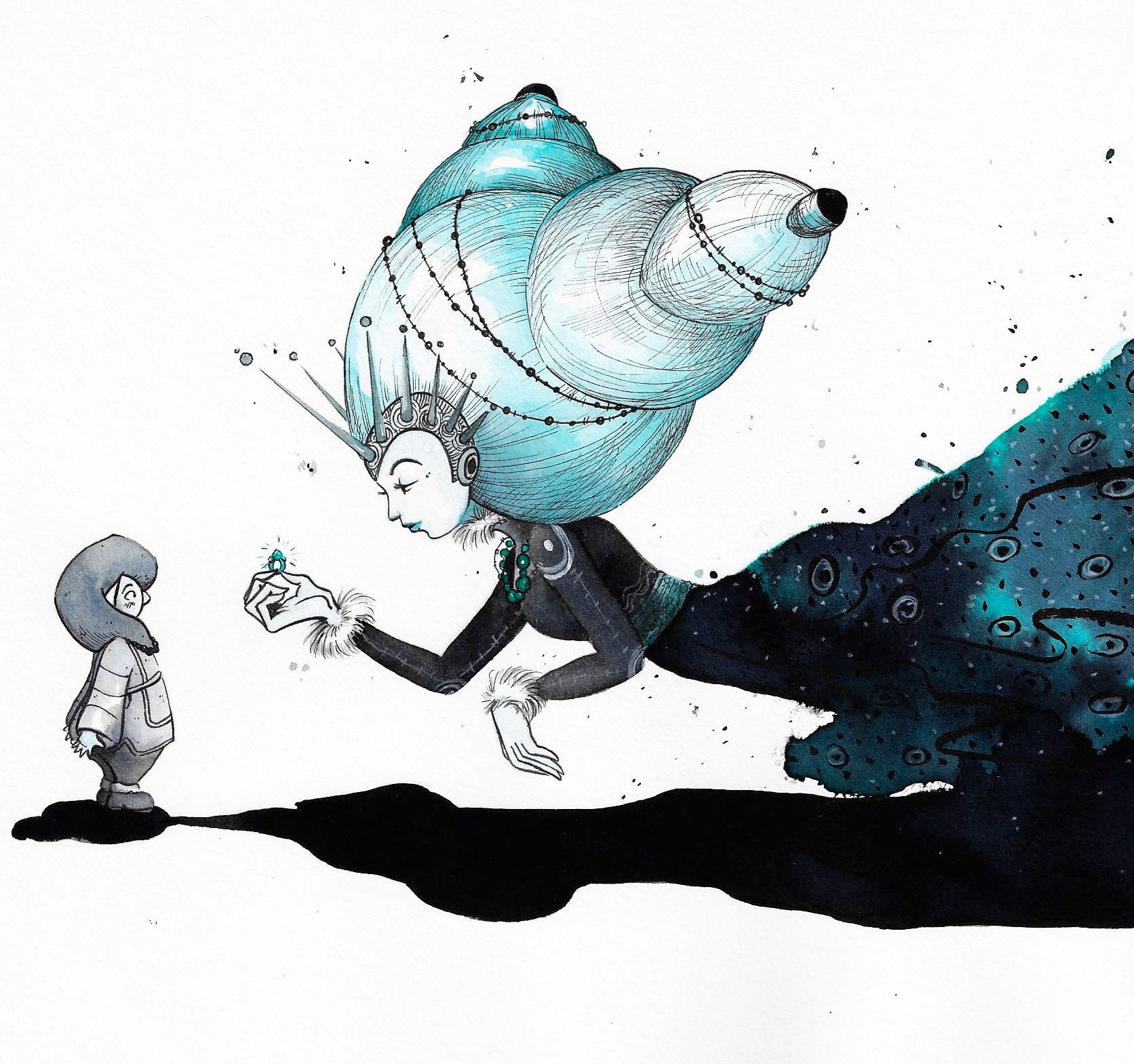 Illustration Déesse et La Bague Inuit, Encre de Chine Bleue avec Cadre Blanc