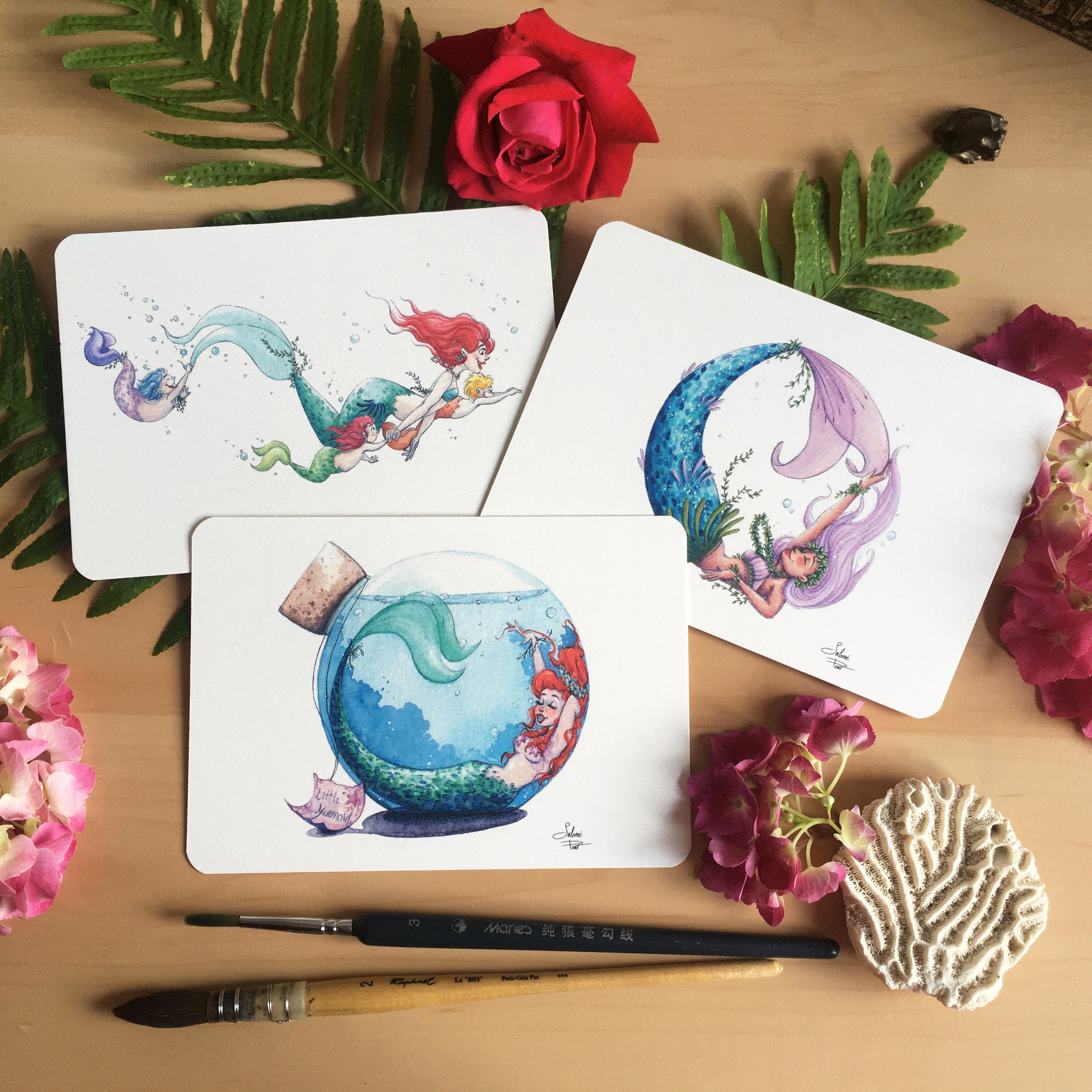 Prints Illustrations Aquarelle Sirènes, Impressions d'art A6