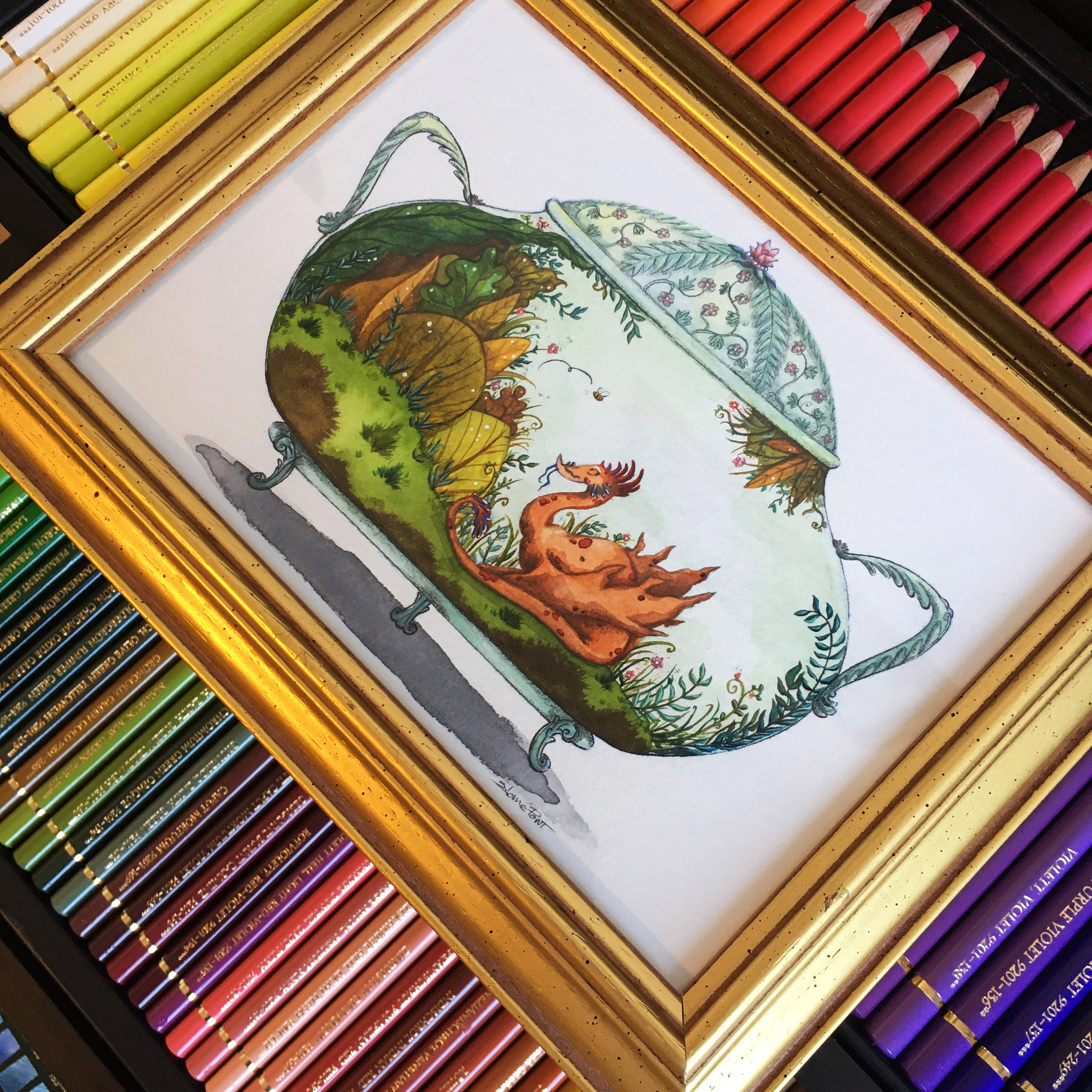 Illustration Dragon en Terrarium, Aquarelle Dans Cadre Doré