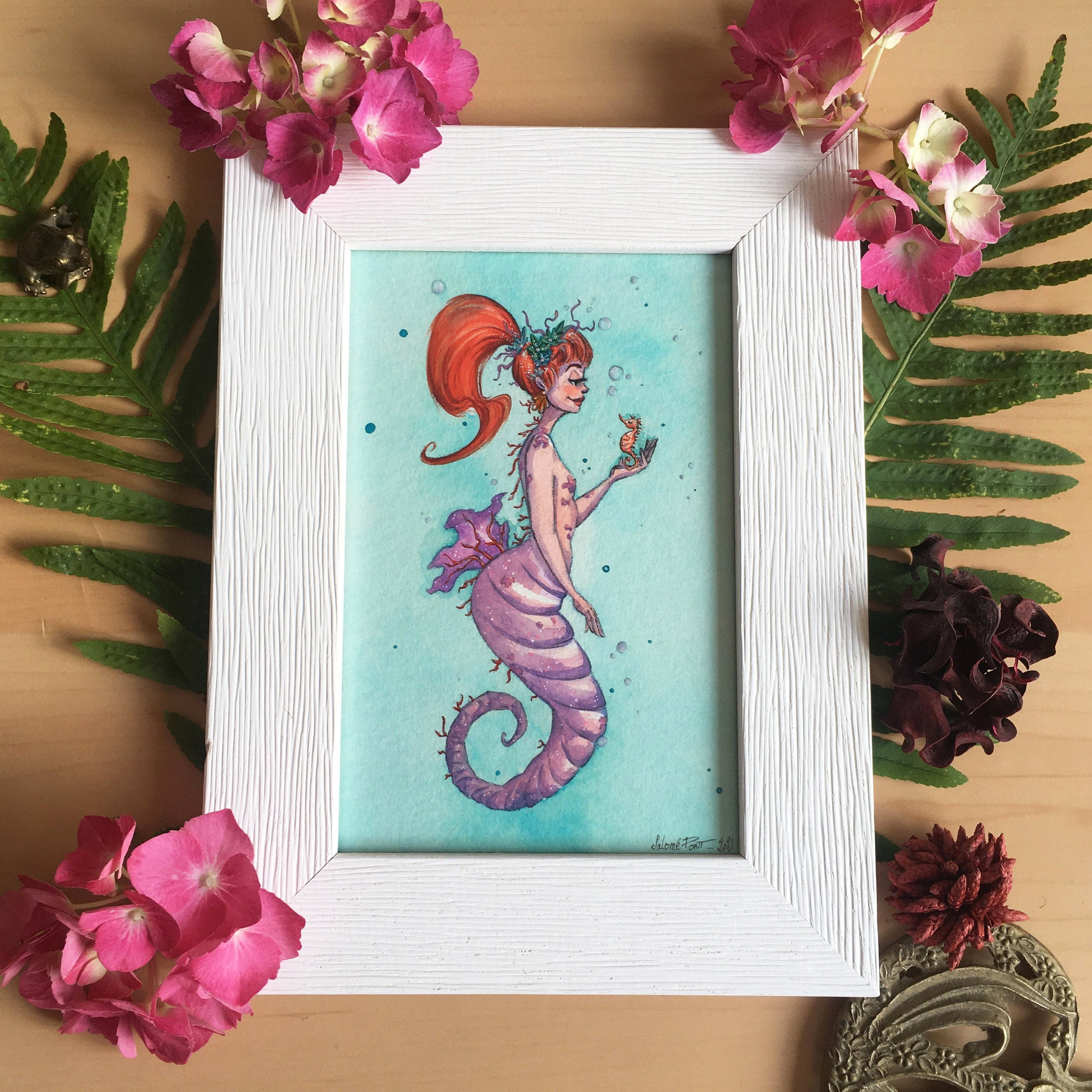 Illustration Sirène Hippocampe, Aquarelle sur Papier avec Cadre Blanc