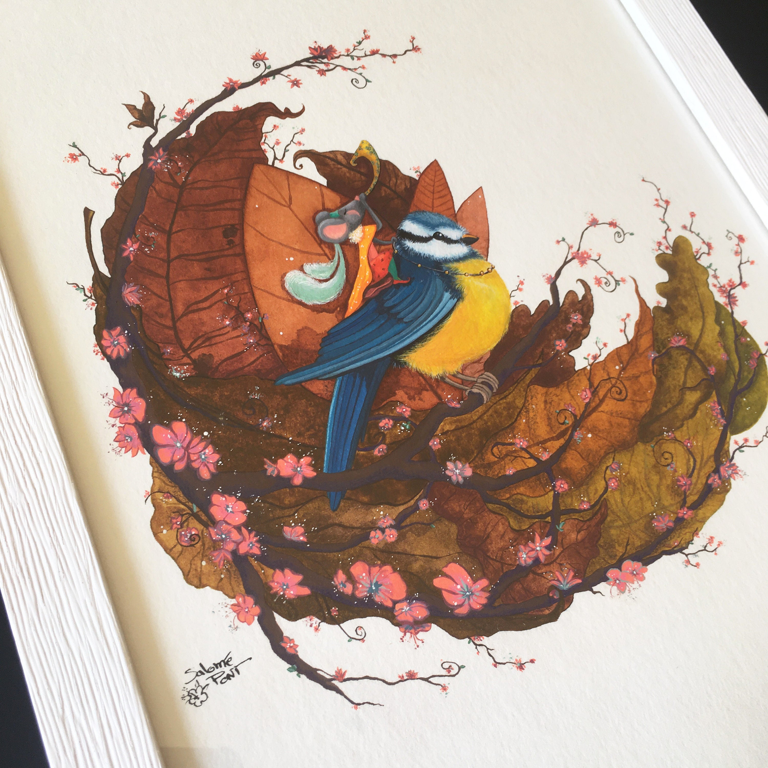 Illustration L'automne, Souris et Mésange sur Feuilles Mortes Aquarelle Crayons de Couleurs avec Cad