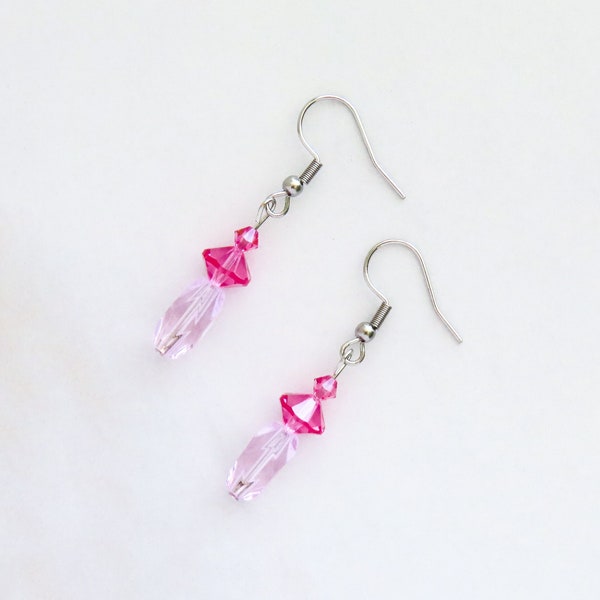 Spring Pink Beaded Earrings, Pierced, Dangle Drop, Faceted Glass, Silver Tone, Pastel Jewelry, Kawaii, Sparkle, Cute, Gift Her, Birthday