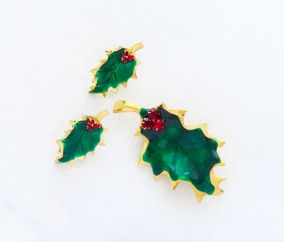Holly Berry Leaf Brooch Earring Set, Vintage Pin,… - image 1