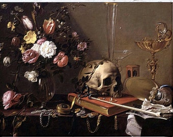 Gothic Vanitas Poster: Skull and Flowers Still Life Art Print (12x16)