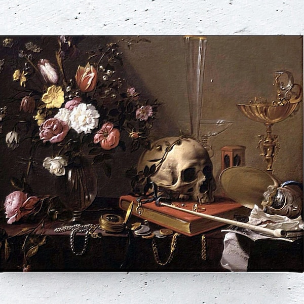 Gothic Style Poster: Vanitas - Still Life with Bouquet and Skull by Adriaen van Utrecht 12x16