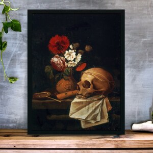 Gothic Style Poster: Vanitas with vase of flowers and skull by Johannes Borman