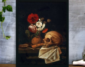 Gothic Style Poster: Vanitas with vase of flowers and skull by Johannes Borman