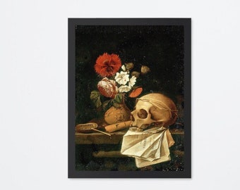 Gothic Vanitas Framed Poster: Skull & Flowers Fine Art Reproduction