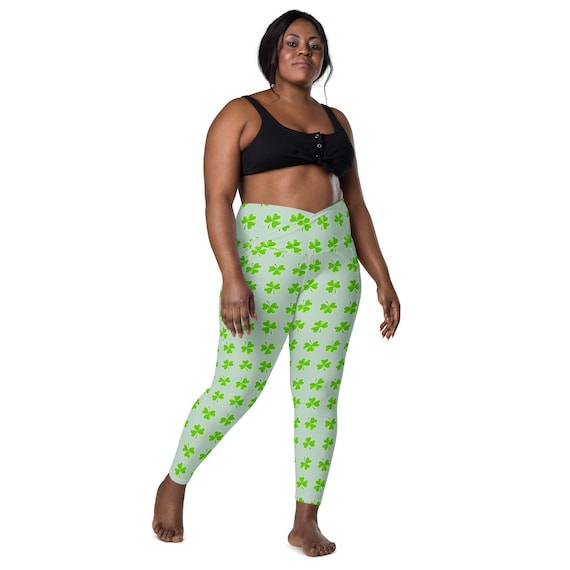 Green Shamrock Women's Crossover Plus Size Leggings, 4 Leaf Clover