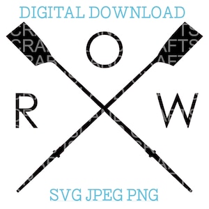 Peut inclure: Silhouette noire et blanche de deux rames croisées avec un cercle au centre. Les lettres "R" et "W" sont de chaque côté des rames. Le texte "SVG JPEG PNG" est sous les rames.