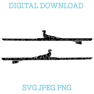 May include: Silhouette of two rowers in a rowing shell. The rowers are facing left and are in the middle of a stroke. The image is black and white.