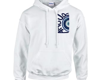 Sudadera con capucha y ojo turco | Unisex blanca | Regalo con estética minimalista urbana