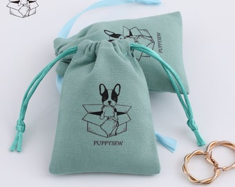 50 blue color customized jewelry packaging bags, cotton canvas bags, custom personalized logos, ribbon bags, gift bags