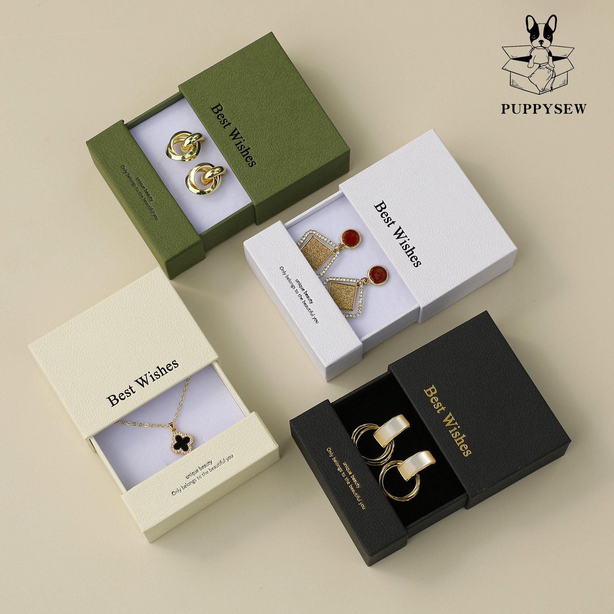 PUPPYSEW 50pcs 9*9*3.5cm Paper box custom necklace ring box with sponge personalized logo Exquisite jewelry package split drawer box