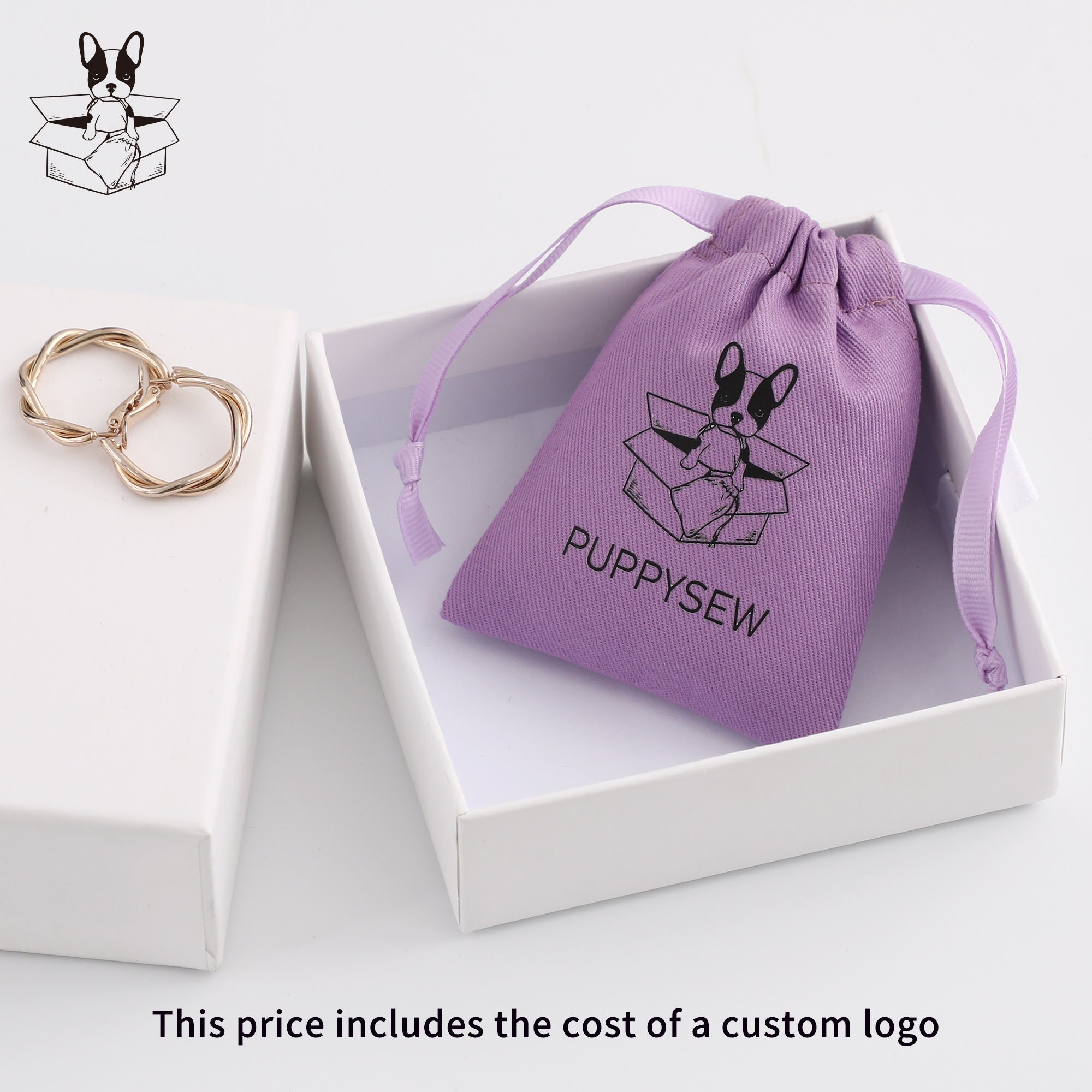 Purple cotton drawstring gift pouches selection: custom logo placement and Pantone color matching for brand consistency