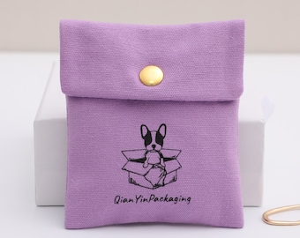 Purple Cotton Canvas Bag Personalized Logo Custom Jewelry Packaging Drawstring Bag With Snap Buckle Dust Bag Gift Bag