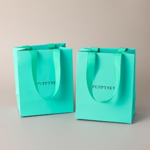 May include: Two turquoise shopping bags with matching ribbon handles. The bags have the word "PUPPYSEV" printed in black on the front. The bags are square and have a simple, elegant design.