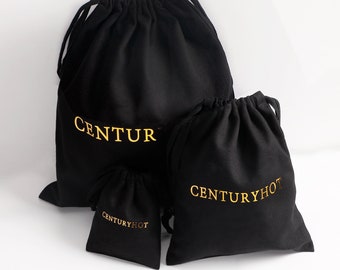 50 Black Cotton Canvas Jewelry Bags, Personalized Logo, Ribbon Drawstring Gift Bags