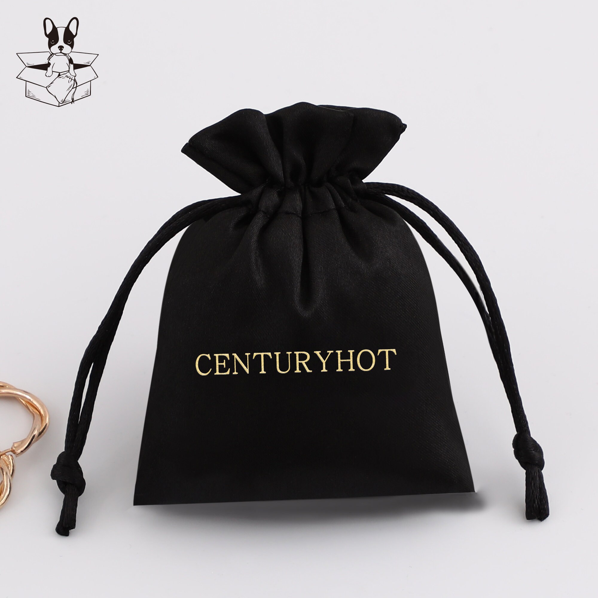 Black satin drawstring dust pouch with custom logo: branding solution for small businesses